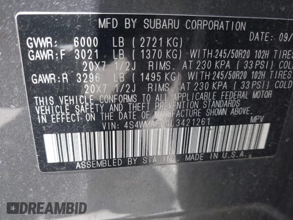 ✅ 2020 Subaru Ascent Limited • VIN: 4S4WMAPD0L3421261 • Lot: 42272497. Listed on IAAI with 147,469 mi. Free auction sales archive from the USA and detailed vehicle history report at DreamBid. Image 9.