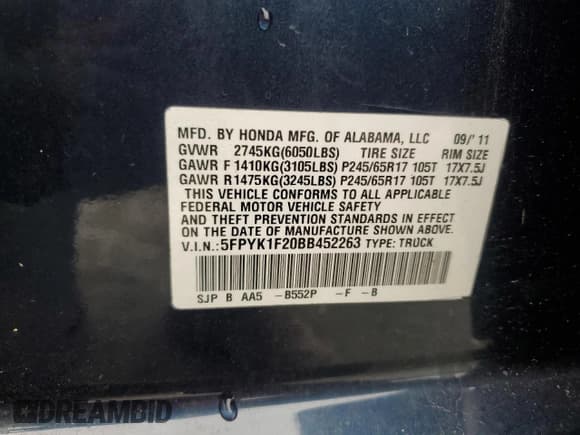 ✅ 2011 Honda Ridgeline RT • VIN: 5FPYK1F20BB452263 • Lot: 67911415. Wystawiony na Copart z przebiegiem 176 616 mil. Bezpłatny archiwum sprzedaży aukcyjnych z USA i szczegółowy raport historii pojazdu na DreamBid. Zdjęcie 12.