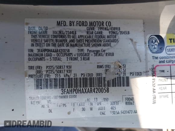 ✅ 2010 Ford Fusion SE • VIN: 3FAHP0HAXAR420058 • Lot: 43521576. Listed on IAAI with 177,436 mi. Free auction sales archive from the USA and detailed vehicle history report at DreamBid. Image 9.