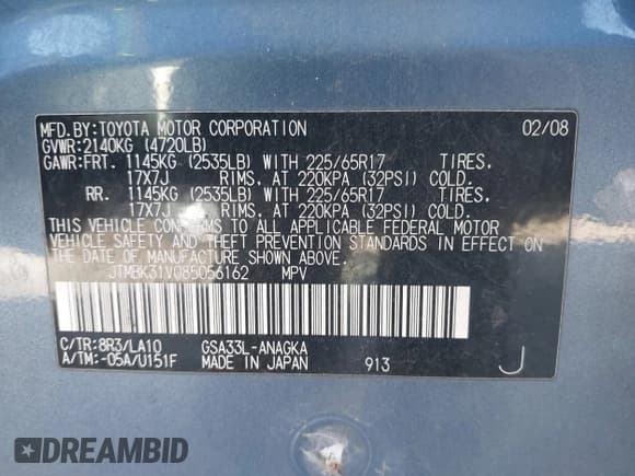 ✅ 2008 Toyota RAV4 Limited • VIN: JTMBK31V085056162 • Lot: 43650341. Listed on IAAI with 76,920 mi. Free auction sales archive from the USA and detailed vehicle history report at DreamBid. Image 9.