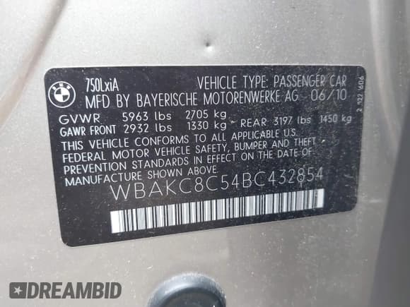 ✅ 2011 BMW 7 Series 750Li xDrive • VIN: WBAKC8C54BC432854 • Lot: 42894912. Listed on IAAI with 118,390 mi. Free auction sales archive from the USA and detailed vehicle history report at DreamBid. Image 9.