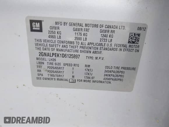 2013 Chevrolet Equinox LT z VIN 2GNALPEK1D6125897, wystawiony jako IAAI lot #43403493 z przebiegiem 176 512 mil mil oraz . Historia ofert i sprzedaży dostępna na DreamBid. Obrazek 9.