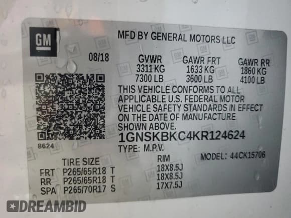 ✅ 2019 Chevrolet Tahoe LT • VIN: 1GNSKBKC4KR124624 • Lot: 90283765. Listed on Copart with 88,991 mi. Free auction sales archive from the USA and detailed vehicle history report at DreamBid. Image 13.