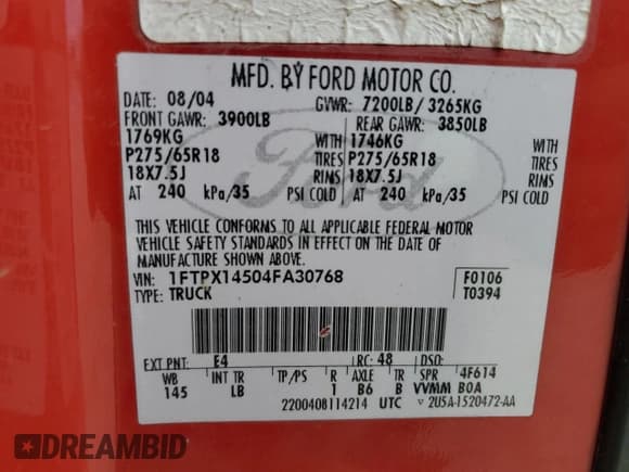 ✅ 2004 Ford F-150 XLT • VIN: 1FTPX14504FA30768 • Lot: 57557165. Listed on Copart with 123,122 mi. Free auction sales archive from the USA and detailed vehicle history report at DreamBid. Image 12.