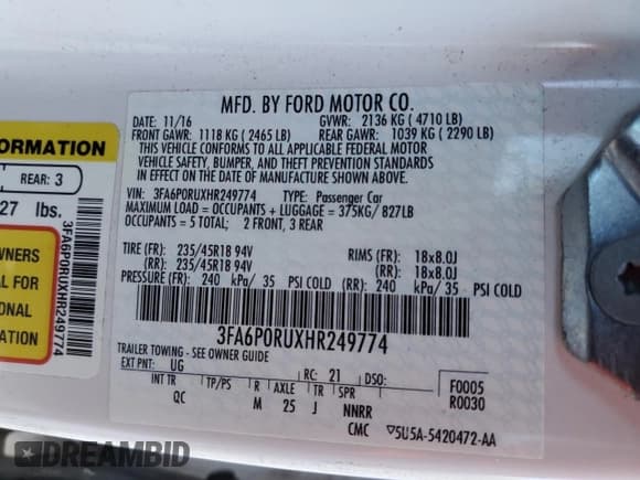 ✅ 2017 Ford Fusion Hybrid Titanium • VIN: 3FA6P0RUXHR249774 • Lot: 92848715. Listed on Copart with 114,397 mi. Free auction sales archive from the USA and detailed vehicle history report at DreamBid. Image 12.