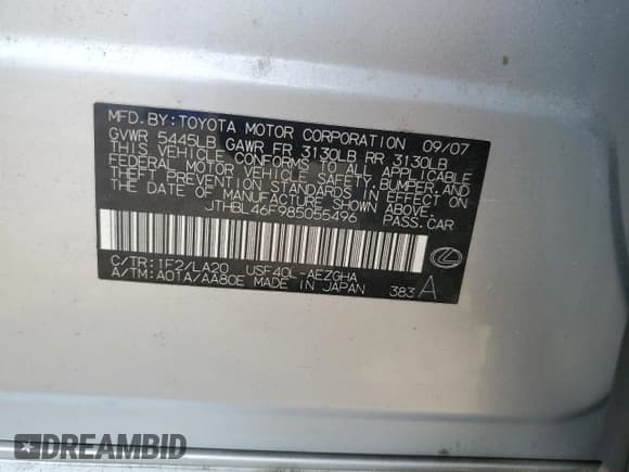 ✅ 2008 Lexus LS 460 • VIN: JTHBL46F985055496 • Lot: 53060695. Listed on Copart with 239,488 mi. Free auction sales archive from the USA and detailed vehicle history report at DreamBid. Image 13.