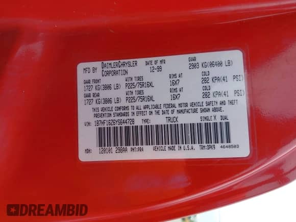 ✅ 2000 Dodge 1500 • VIN: 1B7HF16Z6YS644728 • Lot: 42877492. Listed on IAAI with 166,020 mi. Free auction sales archive from the USA and detailed vehicle history report at DreamBid. Image 9.