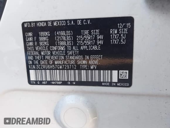 ✅ 2016 Honda HR-V EX • VIN: 3CZRU6H57GM729712 • Lot: 41208408. Listed on IAAI with Not provided. Free auction sales archive from the USA and detailed vehicle history report at DreamBid. Image 9.