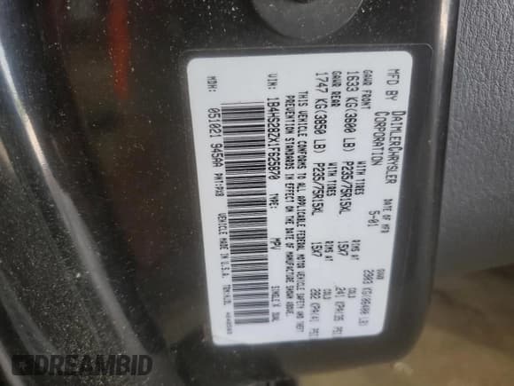 ✅ 2001 Dodge Durango • VIN: 1B4HS28ZX1F625870 • Лот: 57945145. Опубликован ранее на Copart с пробегом 121 669 миль. Бесплатный доступ к архиву аукционных продаж из США и подробный отчёт об истории автомобиля на DreamBid. Изображение 13.