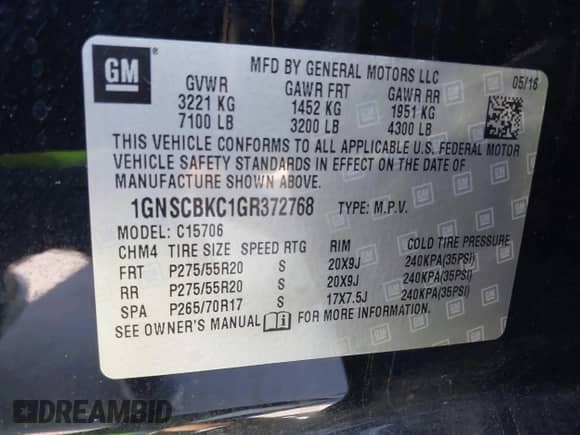 2016 Chevrolet Tahoe LT with VIN 1GNSCBKC1GR372768, listed as a IAAI auction lot 43547699 with 87,897 mi miles and . Bid and sale history available at DreamBid. Image 9.