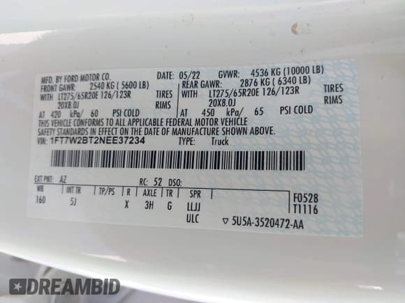 ✅ 2022 Ford F-250 XL • VIN: 1FT7W2BT2NEE37234 • Lot: 43157665. Wystawiony na IAAI z przebiegiem 78 172 mil. Bezpłatny archiwum sprzedaży aukcyjnych z USA i szczegółowy raport historii pojazdu na DreamBid. Zdjęcie 9.