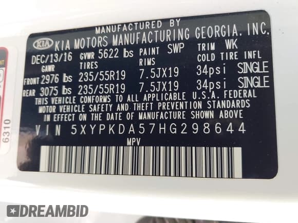 ✅ 2017 Kia Sorento SX • VIN: 5XYPKDA57HG298644 • Lot: 41472383. Listed on IAAI with 60,201 mi. Free auction sales archive from the USA and detailed vehicle history report at DreamBid. Image 9.