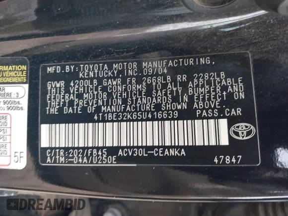 ✅ 2005 Toyota Camry LE • VIN: 4T1BE32K65U416639 • Лот: 43681631. Опубликован ранее на IAAI с пробегом 178 152 миль. Бесплатный доступ к архиву аукционных продаж из США и подробный отчёт об истории автомобиля на DreamBid. Изображение 9.