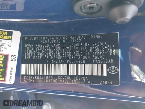 ✅ 2023 Toyota Camry TRD • VIN: 4T1KZ1AK1PU074336 • Lot: 42605262. Listed on IAAI with 67,735 mi. Free auction sales archive from the USA and detailed vehicle history report at DreamBid. Image 9.