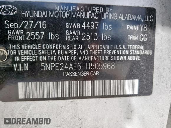 ✅ 2017 Hyundai Sonata 2.4L • VIN: 5NPE24AF6HH505968 • Lot: 82053395. Listed on Copart with 103,815 mi. Free auction sales archive from the USA and detailed vehicle history report at DreamBid. Image 12.