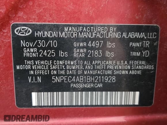 ✅ 2011 Hyundai Sonata Limited • VIN: 5NPEC4AB1BH211928 • Lot: 92262275. Listed on Copart with 192,645 mi. Free auction sales archive from the USA and detailed vehicle history report at DreamBid. Image 12.