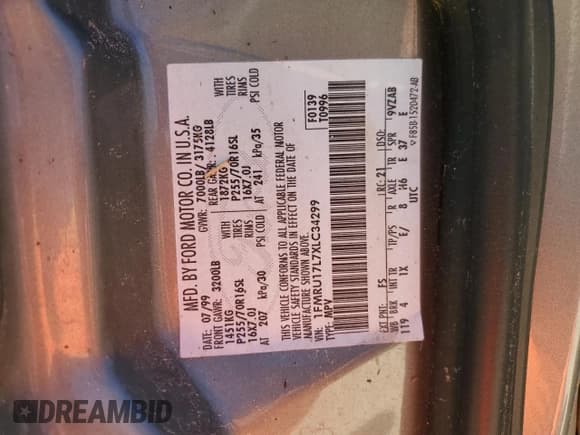 ✅ 1999 Ford Expedition XLT • VIN: 1FMRU17L7XLC34299 • Lot: 80914304. Listed on Copart with Not provided. Free auction sales archive from the USA and detailed vehicle history report at DreamBid. Image 14.