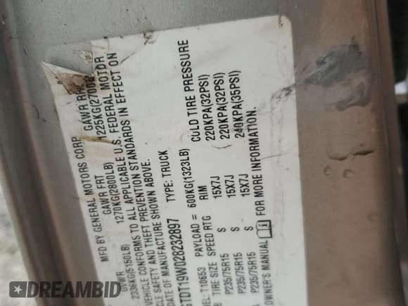 ✅ 2002 GMC Sonoma SLS • VIN: 1GTDT19W028232897 • Lot: 71087885. Wystawiony na Copart z przebiegiem 164 771 mil. Bezpłatny archiwum sprzedaży aukcyjnych z USA i szczegółowy raport historii pojazdu na DreamBid. Zdjęcie 12.