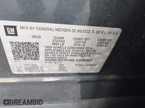 ✅ 2020 Chevrolet Blazer LT • VIN: 3GNKBCRS6LS539462 • Lot: 42934199. Listed on IAAI with 60,114 mi. Free auction sales archive from the USA and detailed vehicle history report at DreamBid. Image 9.