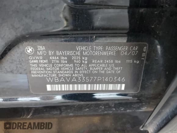 ✅ 2007 BMW 3 Series 328i • VIN: WBAVA33577P140346 • Lot: 85396905. Listed on Copart with 144,518 mi. Free auction sales archive from the USA and detailed vehicle history report at DreamBid. Image 12.