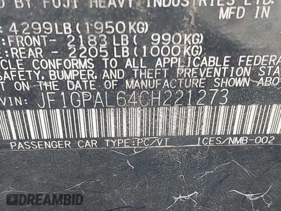 ✅ 2012 Subaru Impreza Special Sports Premium • VIN: JF1GPAL64CH221273 • Lot: 43748482. Listed on IAAI with 282,920 mi. Free auction sales archive from the USA and detailed vehicle history report at DreamBid. Image 9.