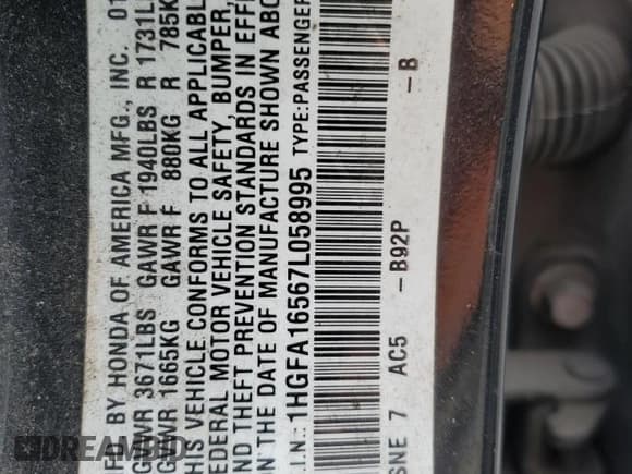 ✅ 2007 Honda Civic LX • VIN: 1HGFA16567L058995 • Лот: 92038185. Опубликован ранее на Copart с пробегом 198 558 миль. Бесплатный доступ к архиву аукционных продаж из США и подробный отчёт об истории автомобиля на DreamBid. Изображение 12.