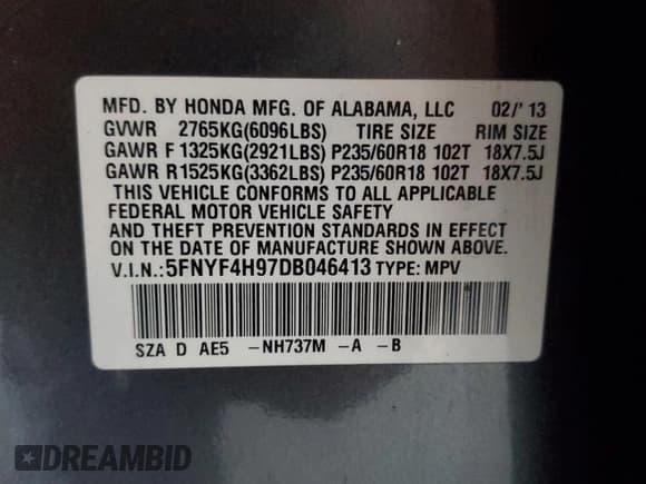 ✅ 2013 Honda Pilot Touring • VIN: 5FNYF4H97DB046413 • Lot: 92087595. Wystawiony na Copart z przebiegiem 130 927 mil. Bezpłatny archiwum sprzedaży aukcyjnych z USA i szczegółowy raport historii pojazdu na DreamBid. Zdjęcie 13.