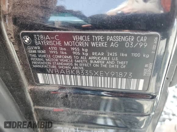 1999 BMW 3 Series 328i с VIN WBABK8335XEY91873, выставлен на аукционе Copart как лот 71867375 с пробегом 100 682 миль миль и Чистый • Clean title. История ставок и продаж доступна на DreamBid. Изображение 12.