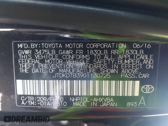 ✅ 2016 Toyota Prius One • VIN: JTDKDTB39G1130725 • Lot: 42738828. Listed on IAAI with 78,707 mi. Free auction sales archive from the USA and detailed vehicle history report at DreamBid. Image 9.