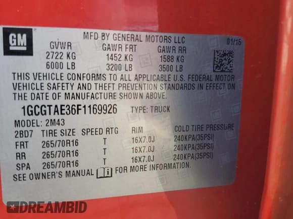 ✅ 2015 Chevrolet Colorado 4WD WT • VIN: 1GCGTAE36F1169926 • Лот: 68502795. Опубликован ранее на Copart с пробегом Не указан. Бесплатный доступ к архиву аукционных продаж из США и подробный отчёт об истории автомобиля на DreamBid. Изображение 12.