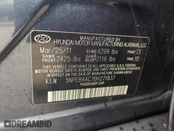 ✅ 2011 Hyundai Sonata GLS • VIN: 5NPEB4AC7BH271837 • Lot: 74178594. Listed on Copart with Not provided. Free auction sales archive from the USA and detailed vehicle history report at DreamBid. Image 13.
