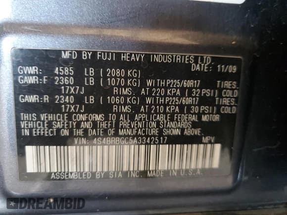 ✅ 2010 Subaru Outback Premium All-Weather Anniversary • VIN: 4S4BRBGC5A3342517 • Lot: 57253295. Listed on Copart with 183,570 mi. Free auction sales archive from the USA and detailed vehicle history report at DreamBid. Image 12.