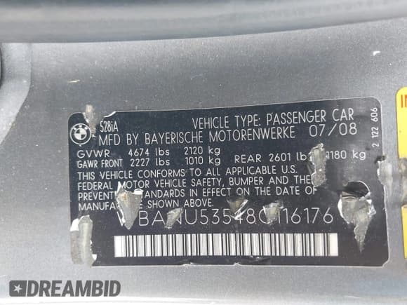 ✅ 2008 BMW 5 Series 528i • VIN: WBANU53548C116176 • Lot: 43339188. Wystawiony na IAAI z przebiegiem 154 176 mil. Bezpłatny archiwum sprzedaży aukcyjnych z USA i szczegółowy raport historii pojazdu na DreamBid. Zdjęcie 9.