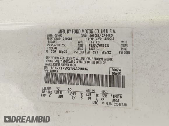 ✅ 2001 Ford F-150 XL • VIN: 1FTRX17WX1NA20036 • Лот: 42231600. Опубликован ранее на IAAI с пробегом 181 549 миль. Бесплатный доступ к архиву аукционных продаж из США и подробный отчёт об истории автомобиля на DreamBid. Изображение 9.