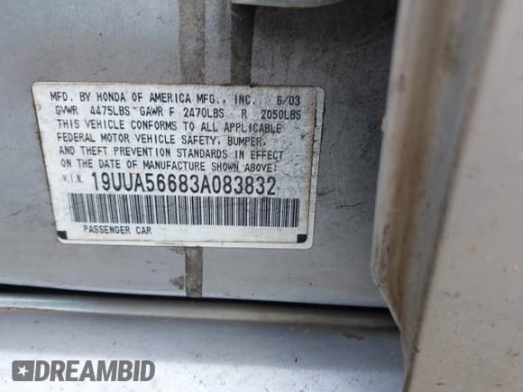 ✅ 2003 Acura TL • VIN: 19UUA56683A083832 • Lot: 43789644. Listed on IAAI with 266,904 mi. Free auction sales archive from the USA and detailed vehicle history report at DreamBid. Image 9.