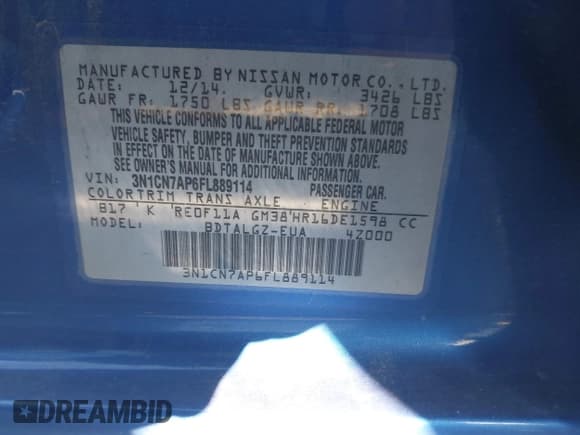 ✅ 2015 Nissan Versa SV • VIN: 3N1CN7AP6FL889114 • Lot: 43595004. Listed on IAAI with 101,319 mi. Free auction sales archive from the USA and detailed vehicle history report at DreamBid. Image 9.