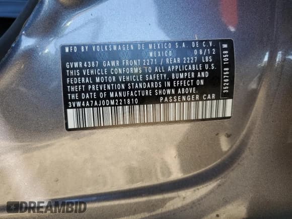 ✅ 2013 Volkswagen Jetta Autobahn • VIN: 3VW4A7AJ0DM221810 • Lot: 48561895. Listed on Copart with 132,921 mi. Free auction sales archive from the USA and detailed vehicle history report at DreamBid. Image 12.