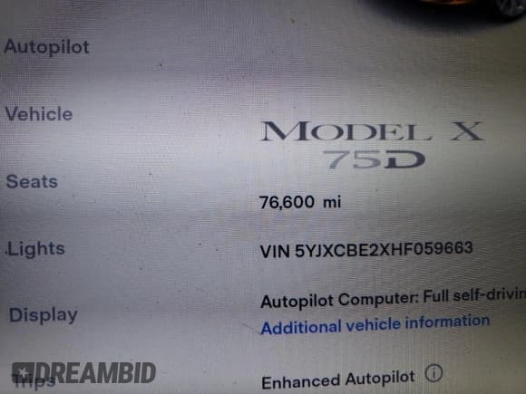 ✅ 2017 Tesla Model X 90D • VIN: 5YJXCBE2XHF059663 • Lot: 64125812. Listed on Copart with 76,600 mi. Free auction sales archive from the USA and detailed vehicle history report at DreamBid. Image 8.