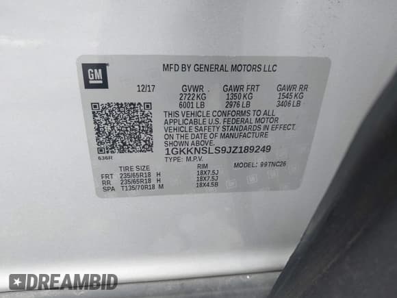 ✅ 2018 GMC Acadia SLE • VIN: 1GKKNSLS9JZ189249 • Лот: 43592384. Опубликован ранее на IAAI с пробегом 139 372 миль. Бесплатный доступ к архиву аукционных продаж из США и подробный отчёт об истории автомобиля на DreamBid. Изображение 9.