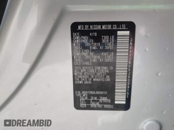 ✅ 2018 Nissan Armada SL • VIN: JN8AY2ND9J9059151 • Lot: 43335563. Listed on IAAI with Not provided. Free auction sales archive from the USA and detailed vehicle history report at DreamBid. Image 9.