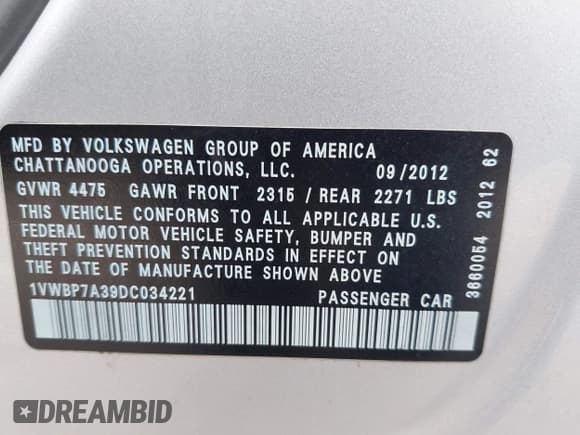 ✅ 2013 Volkswagen Passat SE • VIN: 1VWBP7A39DC034221 • Lot: 43707852. Listed on IAAI with 159,151 mi. Free auction sales archive from the USA and detailed vehicle history report at DreamBid. Image 9.