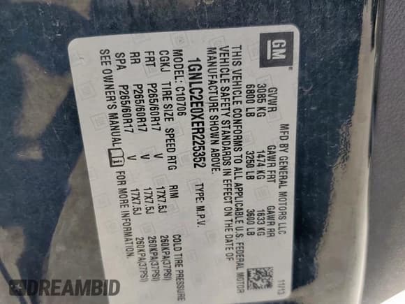 ✅ 2014 Chevrolet Tahoe Commercial • VIN: 1GNLC2E0XER225352 • Lot: 67223065. Listed on Copart with 141,608 mi. Free auction sales archive from the USA and detailed vehicle history report at DreamBid. Image 13.