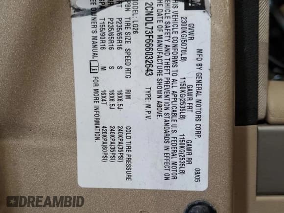 ✅ 2006 Chevrolet Equinox LT • VIN: 2CNDL73F666032643 • Лот: 58510285. Опубликован ранее на Copart с пробегом Не указан. Бесплатный доступ к архиву аукционных продаж из США и подробный отчёт об истории автомобиля на DreamBid. Изображение 14.