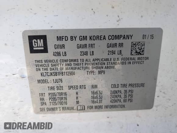 2015 Chevrolet Trax LS с VIN KL7CJKSB1FB112904, выставлен на аукционе IAAI как лот 43602955 с пробегом 169 132 миль миль и . История ставок и продаж доступна на DreamBid. Изображение 9.