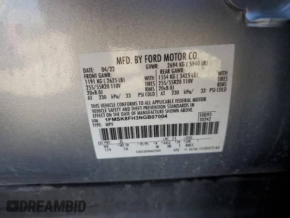 2022 Ford Explorer Limited z VIN 1FMSK8FH3NGB07004, wystawiony jako Copart lot #87407465 z przebiegiem Nie podano mil oraz Szkoda całkowita • Salvage title. Historia ofert i sprzedaży dostępna na DreamBid. Obrazek 13.