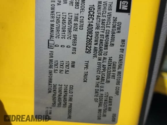 ✅ 2008 Chevrolet Silverado 1500 Work Truck • VIN: 1GCEC14008Z265229 • Lot: 53233395. Listed on Copart with 124,674 mi. Free auction sales archive from the USA and detailed vehicle history report at DreamBid. Image 12.