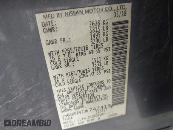 ✅ 2018 Nissan Frontier SV • VIN: 1N6AD0EV2JN747419 • Lot: 42542208. Listed on IAAI with 162,288 mi. Free auction sales archive from the USA and detailed vehicle history report at DreamBid. Image 9.