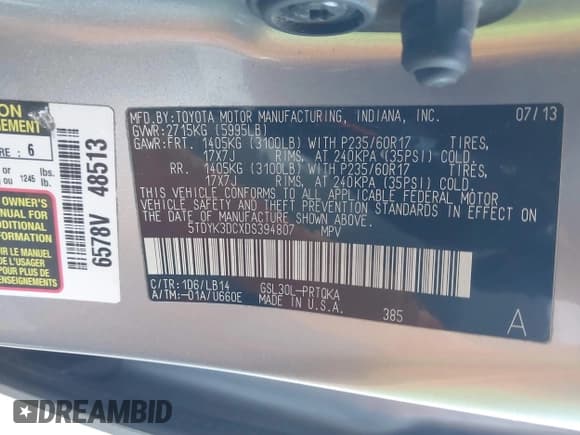 ✅ 2013 Toyota Sienna XLE • VIN: 5TDYK3DCXDS394807 • Lot: 43477534. Listed on IAAI with 191,356 mi. Free auction sales archive from the USA and detailed vehicle history report at DreamBid. Image 9.