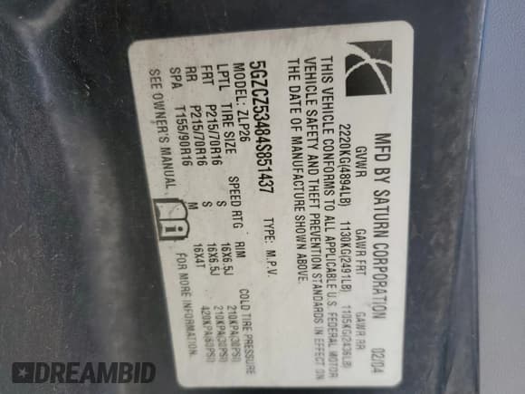 ✅ 2004 Saturn VUE V6 • VIN: 5GZCZ53484S851437 • Лот: 84903005. Опубликован ранее на Copart с пробегом Не указан. Бесплатный доступ к архиву аукционных продаж из США и подробный отчёт об истории автомобиля на DreamBid. Изображение 12.