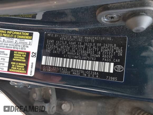 2020 Toyota Camry SE с VIN 4T1G11AK5LU875763, выставлен на аукционе IAAI как лот 43061075 с пробегом 84 575 миль миль и . История ставок и продаж доступна на DreamBid. Изображение 9.